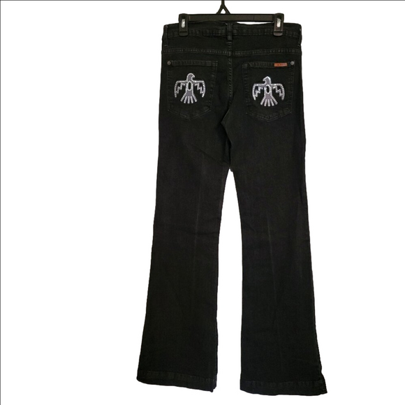 RARE TBB Thunderbird Black Denim Rhinestone Bird Pockets Flared Jeans Size 29L - Picture 1 of 8